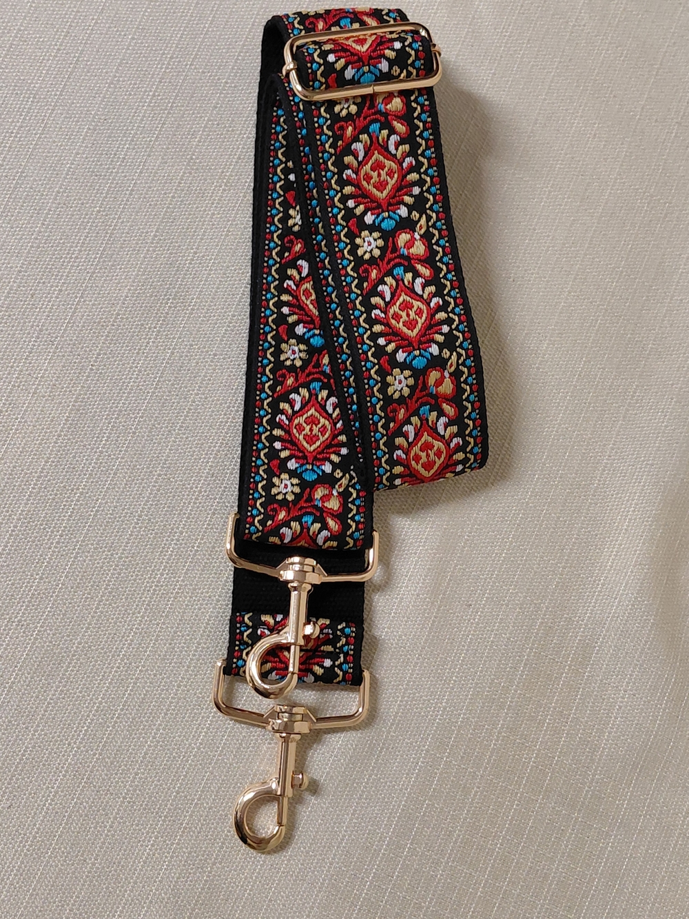 Black Floral Jacquard Adjustable Bag 2" Strap with Gold Hardware